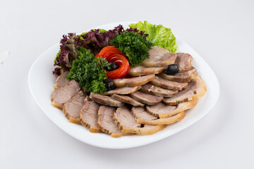Isolated kazakh national appetizer sliced kazy sausages with horse meat