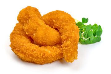 Shrimps in breadcrumbs, isolated on white background. High resolution image