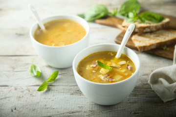 Traditional homemade pea soup with bacon