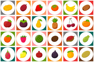 A set of colored icons with fruits and berries. A white circle on a square colored background. It can be used as a seamless pattern for packaging and printing on textiles. Bright vector elements.Flat