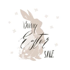 Hand drawn vector abstract sketch graphic scandinavian collage Happy Easter cute simple bunny illustrations greeting card and handwritten calligraphy Bunny Easter Sale isolated on white background