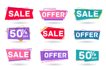 Sale, offer and fifty percent off discount marketing tag