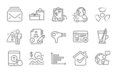 Hair dryer, Check investment and Reject web icons set. Delivery service, Swipe up and Horizontal chart signs. Vector