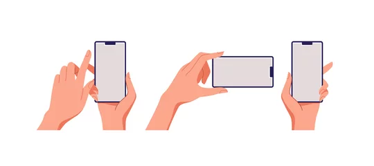 Fotobehang Female hand holding smartphone, empty screen, phone mockup, application on touch screen device. Vector illustration. © faber14