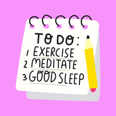 To do list with pencil. Exercise, meditate, good sleep. Vector illustration on pink background.