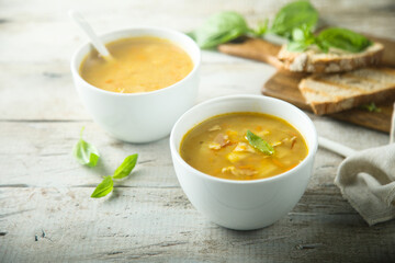 Traditional homemade pea soup with bacon