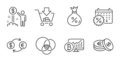 Euler diagram, Savings and Bitcoin chart icons set. Calendar discounts, Shopping and Loan signs. Vector
