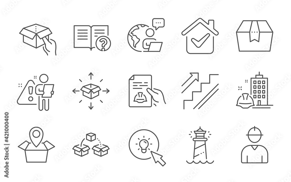 Poster engineer, technical documentation and hold box icons set. help, package box and stairs signs. vector