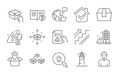 Engineer, Technical documentation and Hold box icons set. Help, Package box and Stairs signs. Vector