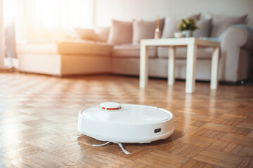 Blurred background of interior apartment with a robot vacuum cleaner that moves independently on a...