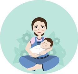 and a woman with a baby in her arms. green background/ newborn, baby boy