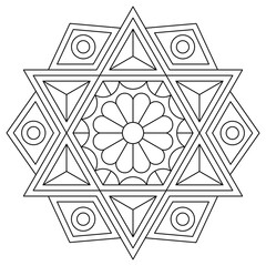 Coloring book with black and white mandala. Vector drawing with six-pointed star.