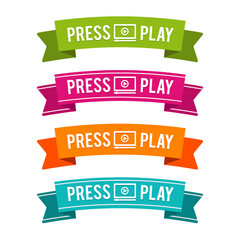 Colorful Press Play ribbons on white background.
