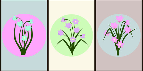 Collection of colored posters of daffodils in pastel colors. Abstract geometric elements, leaves and buds of narcissus. Design for social networks, banners, backgrounds, cards, prints. 