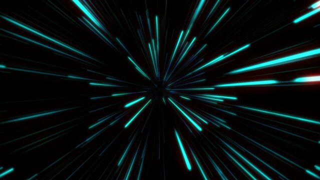 Loopable glowing light streak tunnel in cyan color. Abstract wormhole, hyperloop, firework background