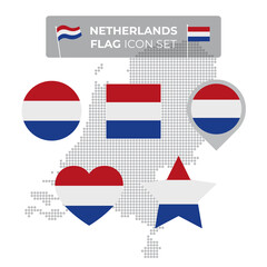 Netherlands denmark flag icons set in the shape of square, heart, circle, stars and pointer, map marker. Mosaic map of denmark. Dutch flag. Flat style. Vector symbol, icon, button