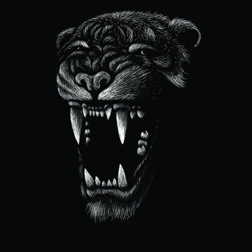 The Vector logo tiger for tattoo or T-shirt design or outwear.  Hunting style big cat print on black background. This hand drawing is for black fabric or canvas.