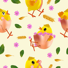 Easter chicken, flowers, eggs, green leaf, egg shell. Seamless pattern with cute cartoon chickens for your design textile, wallpapers, fabric, posters. Vector illustration.