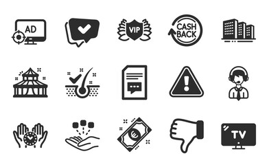 Tv, Approved and Seo adblock icons set. Comments, Anti-dandruff flakes and Vip security signs. Vector