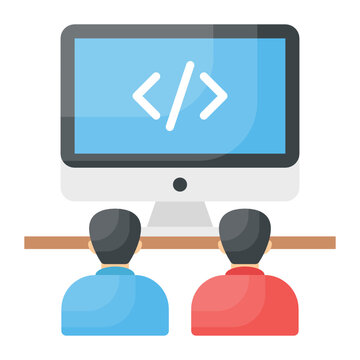 Two man looking and code on monitor. Pair programming Concept, Agile Methodologies Vector Color Icon Design, Software and web development symbol on white background, Computer Programming and Coding st