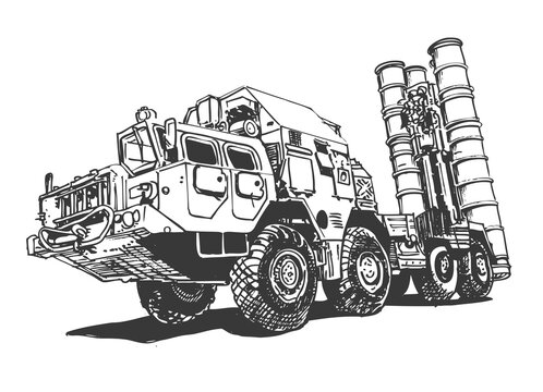 Military Equipment Rocket Carrier S-400. Sketch Drawing. 