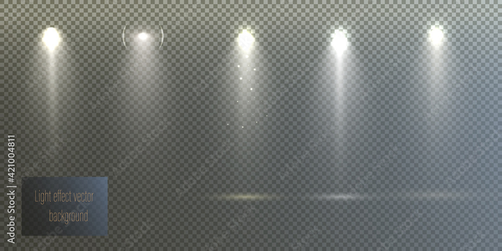 Poster Spotlights set isolated on transparent background. Vector glowing light effect with golden rays and lens flares.	