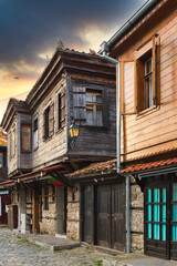 NESSEBAR, BULGARIA, JUNY 20, 2016: architectural solutions Nessebar old town buildings. residential quarter.