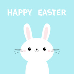 Happy Easter. Cute bunny rabbit face head. Cartoon kawaii funny smiling baby character. Long ears. Farm animal collection. Spring greeting card. Flat design. Blue background. Isolated.