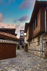 NESSEBAR, BULGARIA, JUNY 20, 2016: architectural solutions Nessebar old town buildings. residential quarter.