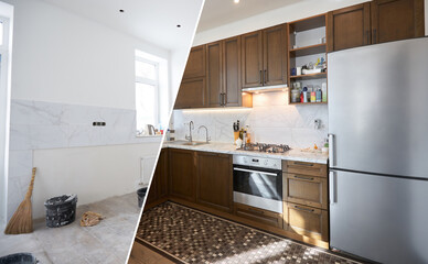 Home renovation concept. Before and after interior in modern style
