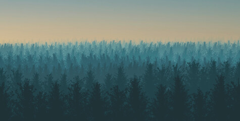 Illustration of a forest with fog at sunset 