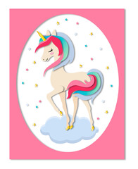 Vector graphics. Cute unicorn on a cloud surrounded by stars