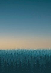 Illustration of a forest with fog at sunset in vertical composition 
