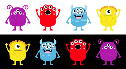 Happy Halloween. Cute monster icon set line banner. Kawaii cartoon baby character. Funny face head colorful silhouette. Hands up, down. Eyes teeth fang horn tongue. Flat design. Black white background