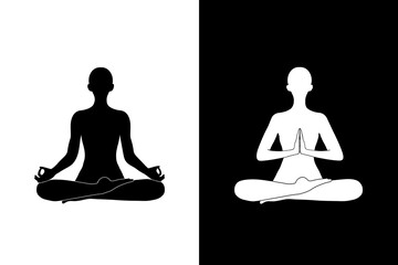 Silhouettes of humans sitting in lotus position and meditating - obrazy, fototapety, plakaty