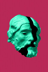 Collage with sculpture of human face in a pop art style. Modern creative concept image with ancient statue head. Zine culture. Contemporary art poster. Funky punk minimalism. Retro surreal design.