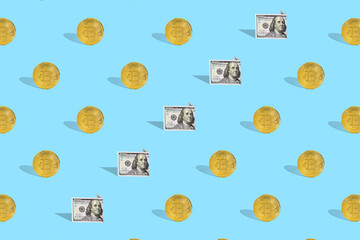 . A bright pattern on a blue background from the bitcoin cryptocurrency. The concept of various financial transactions associated with bitcoin