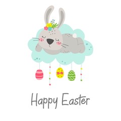 Cute Easter Bunny with eggs isolated on a white background. Happy Easter greeting card. Vector illustration.