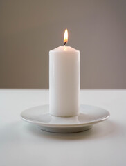 imagen de vela blanca encendida sobre plato blanco