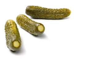 Fresh pickled or fermented cucumbers isolated on white background. Home preservation