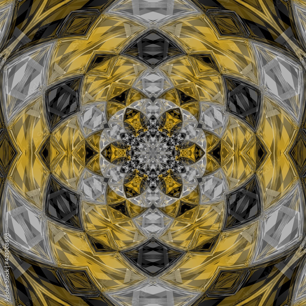 Poster grey and black chequered pattern with contrasting yellow and black zone with white ladder frames hex