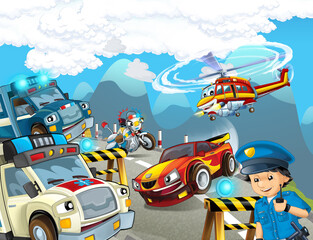 Plakat cartoon scene with cars vehicles on street with fireman
