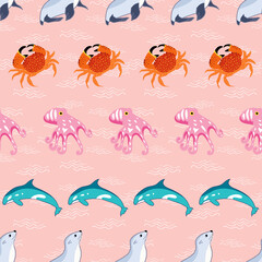 Sea creatures vector repeat pattern on pink
