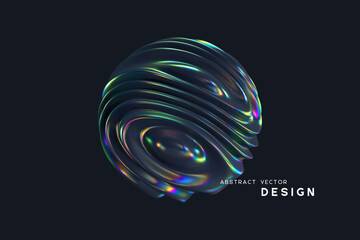 3d wavy fluorescent sphere. Abstract waving shapes with thin film effect. Liquid multicolor pattern, iridescent glossy ripples. Vector illustration.