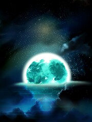 Obraz na płótnie Canvas The blue full moon melting in the night sea