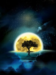 The silhouette of a tree towering in the middle of a mysterious landscape where the beautiful moon's night sky is reflected on the surface of the sea	