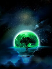 The silhouette of a tree towering in the middle of a mysterious landscape where the beautiful moon's night sky is reflected on the surface of the sea	