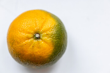 One matte tangerine orange green color on white background. Top view. Close-up, macro. Left location