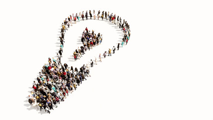 Concept or conceptual large community of people forming  a  lightbulb image on white background. A 3d illustration metaphor for inspiration, brainstorming, invention, energy-saving, power, electricity