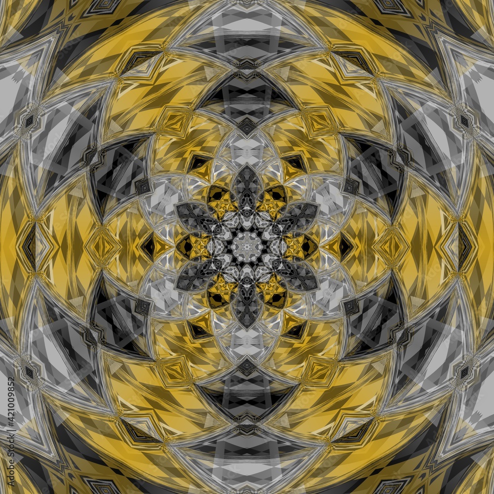 Poster grey and black chequered pattern with contrasting yellow and black zone with white ladder frames hex